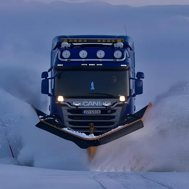Stor brøytebil i fart rydder vei for snø i vinterlandskap under blålig kveldshimmel.